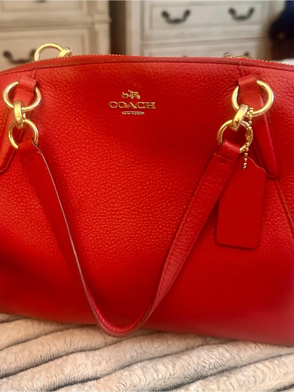 Coach Red Pebble Leather Shoulder Bag with Gold Hardware. Style G1748/F36675